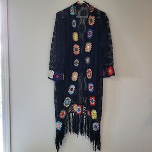 Black Lace Kimono Cardigan with Multicolor Crochet Accents
